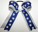 Royal Blue Paw Print White Silver Ponytail Bow