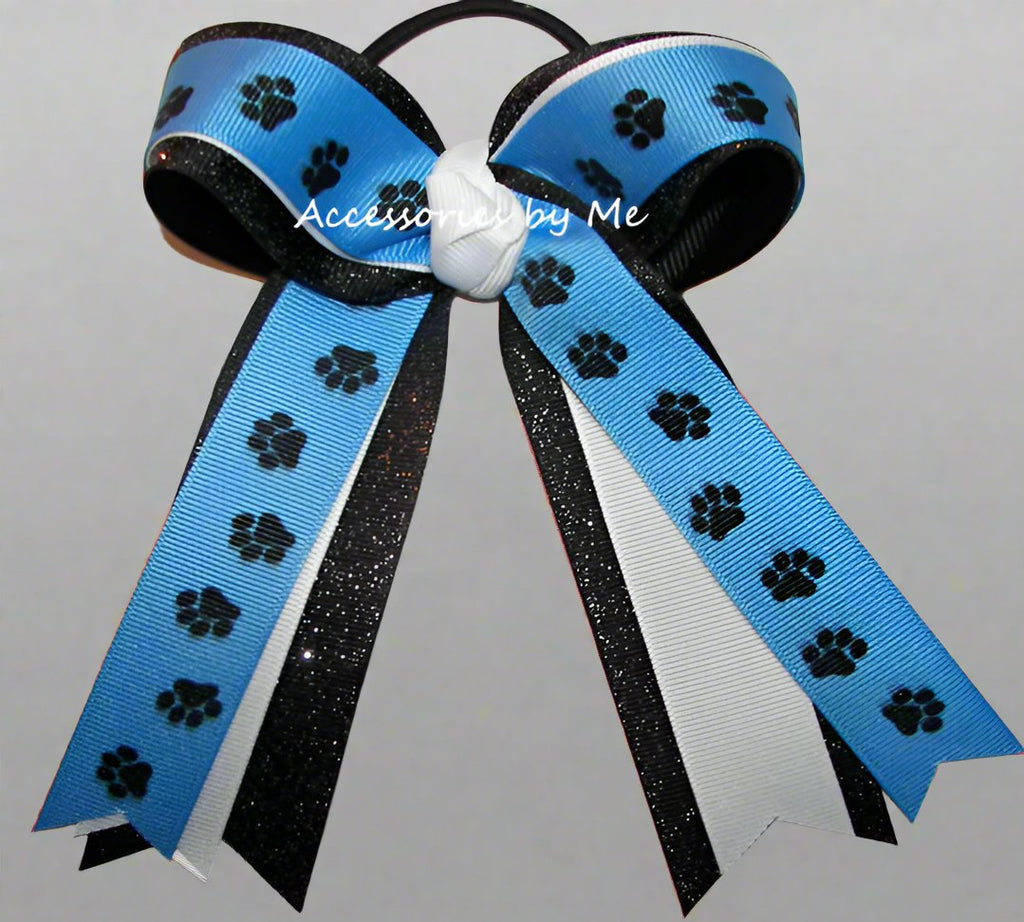 Paw Print Carolina Blue White Black Glitter Ponytail Bow