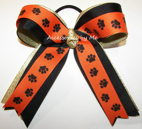 Paw Print Orange Black Gold Ponytail Bow