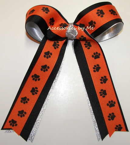 Paw Print Orange Black Silver Ponytail Bow