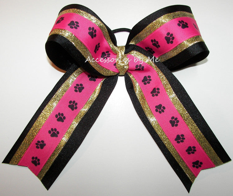 Paw Print Pink Gold Black Ponytail Holder Bow
