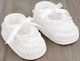 White Pearl Satin Trim Handknit Cotton Booties