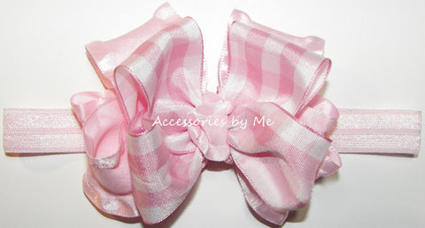 Light Pink Gingham Ruffle Bow Headband