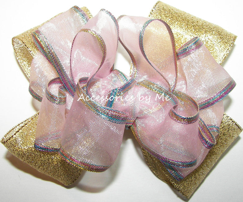 Pink Organza Rainbow Iridescent Satin Trim Gold Metallic Hair Bow