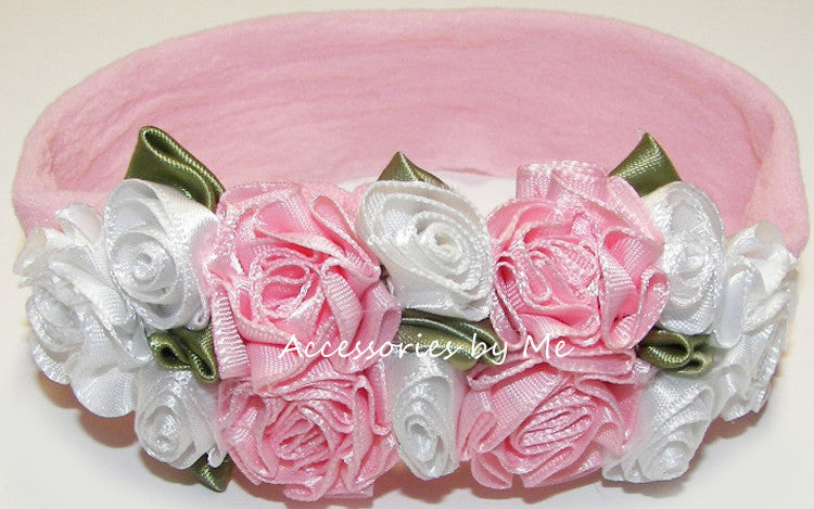 Frilly Pink White Roses Floral Nylon Headband - Accessories by Me