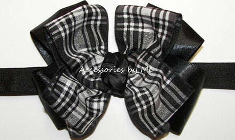 Black White Tartan Plaid Bow Headband