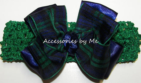 Blackwatch Navy Green Tartan Plaid Bow Headband