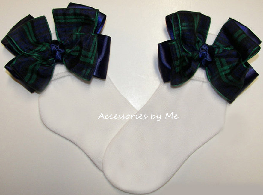 Blackwatch Tartan Plaid Navy Blue Green Bow Socks