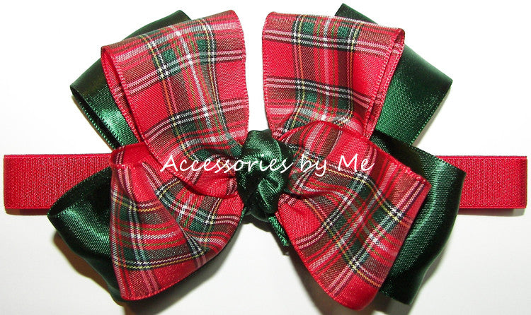 Tartan Plaid Red Green Satin Bow Headband