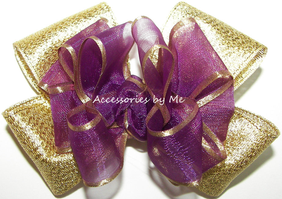 Plum Organza Gold Satin Trim Metallic Hair Bow