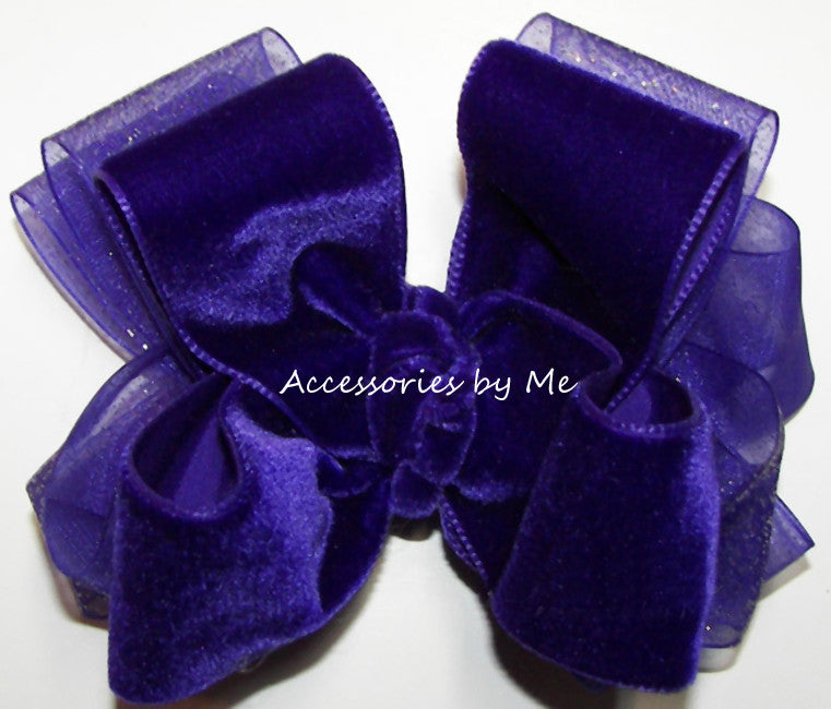 Purple Velvet Glitter Organza Hair Bow