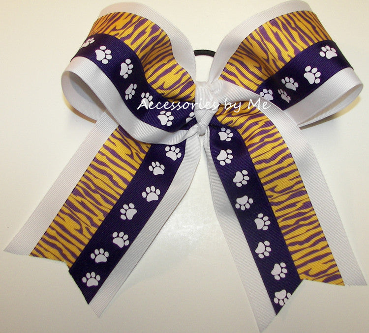 Paw Print Purple Yellow Gold Cheer Bow