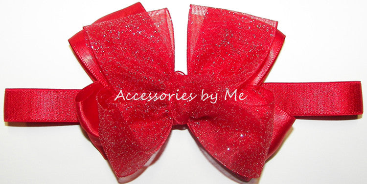 Glitter Red Organza Satin Bow Baby Headband - Accessories by Me