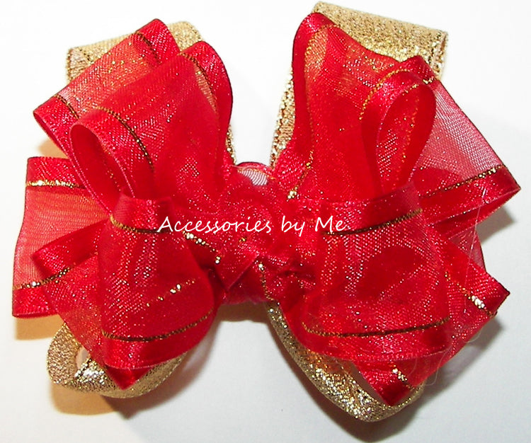 Red Gold Satin Trim Metallic Hair Bow