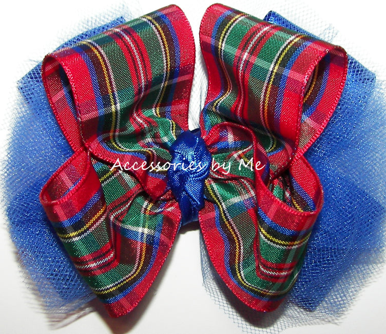 Tartan Plaid Red Green Royal Black Gold Tulle Hair Bow