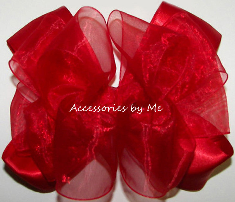 Girls Dressy Red Organza Satin Hair Bow - Accessories by Me