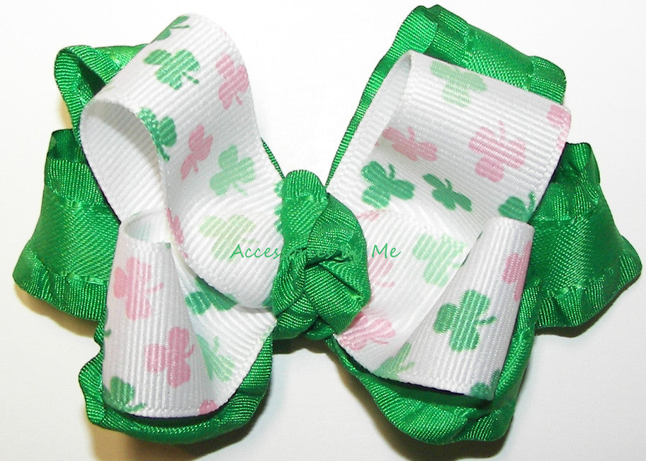 St. Patrick's Day Shamrock Pink Green Ruffle Hair Bow