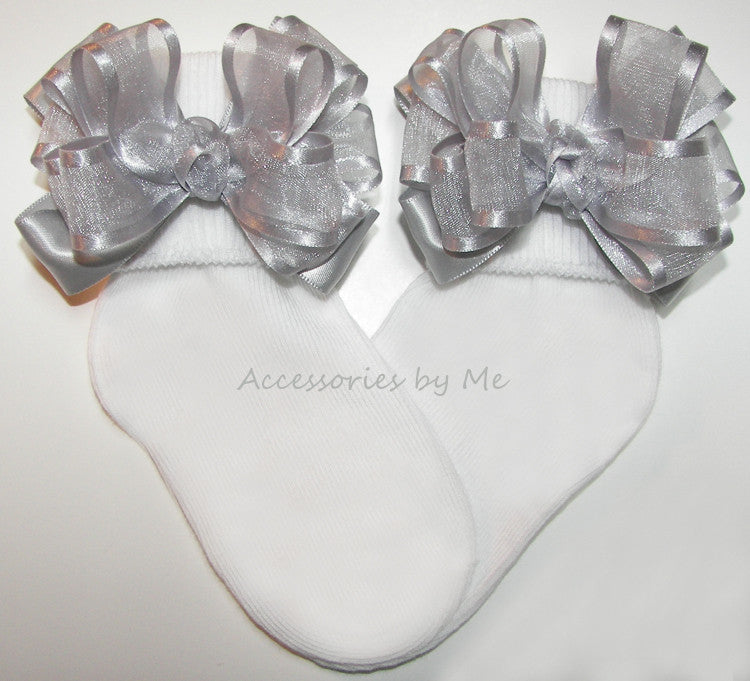 Silver Organza Satin Bow Socks