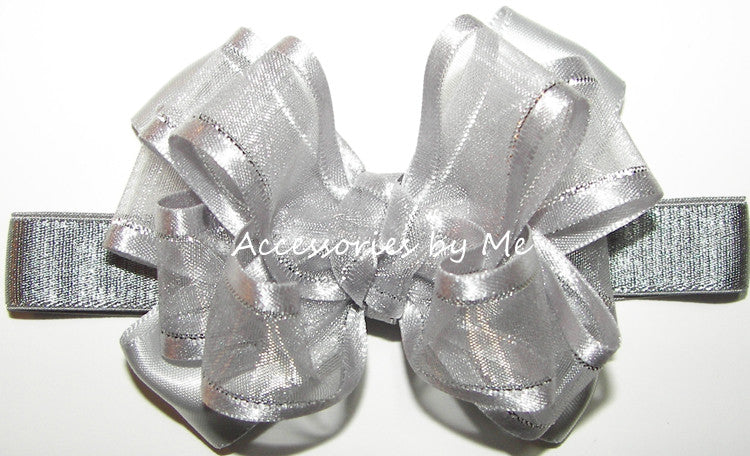 Silver Organza Lame Trim Bow Headband