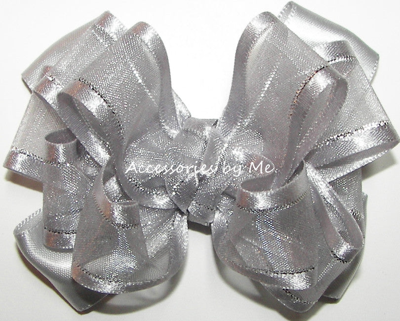 Silver Organza Satin Lame Trim Hair Bow