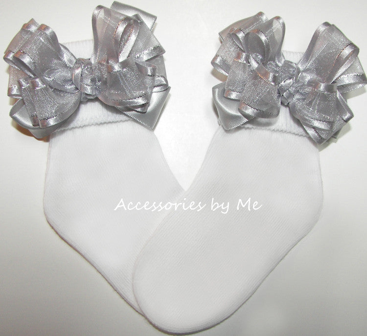 Silver Organza Lame Trim Satin Bow Socks