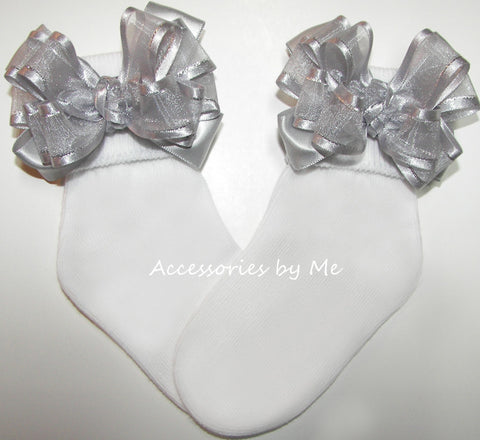 Silver Organza Satin Lame Bow Socks