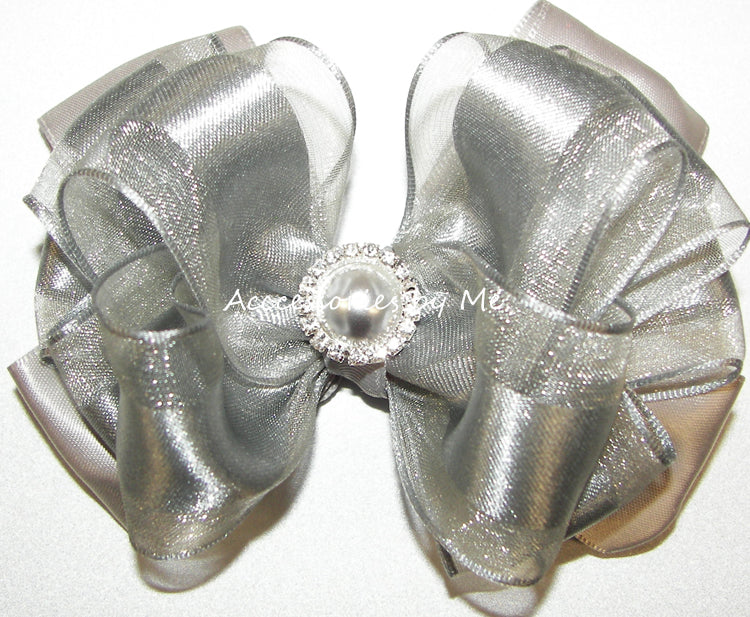Silver Organza Satin Pearl Rhinestone Center Hair Bow