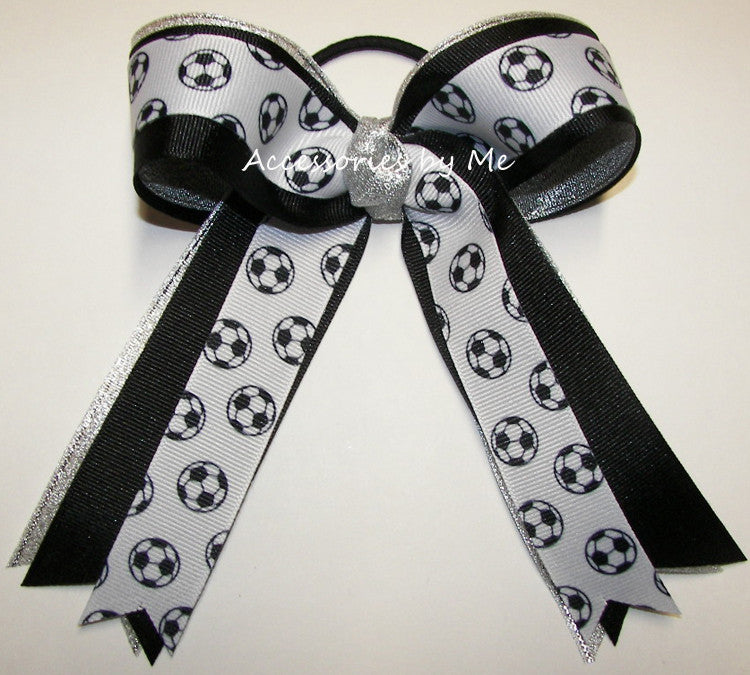 Soccer Black Silver Metallic Ponytail Holder Bow