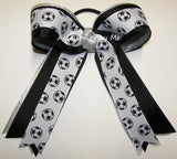 Soccer Black Silver Metallic Ponytail Holder Bow