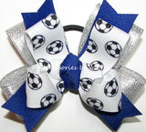 Soccer Royal Blue Silver Ponytail Bow