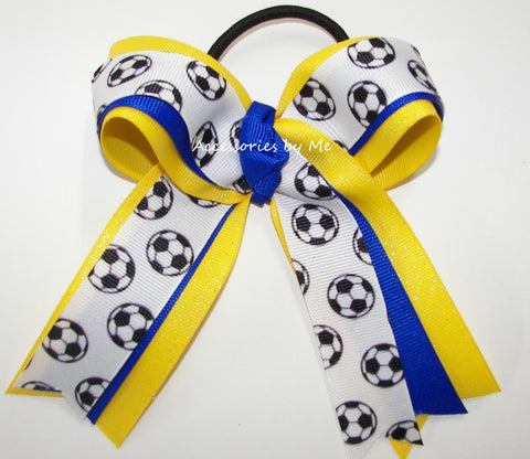 Soccer Electric Blue Yellow Glitter Ponytail Bow