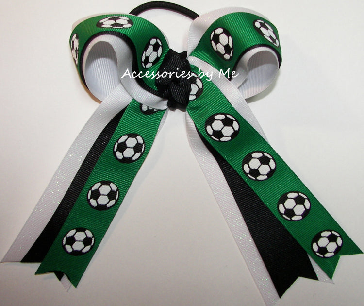Soccer Green Black White Glitter Ponytail Bow