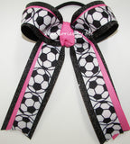 Soccer Hot Pink Black Glitter Ponytail Bow