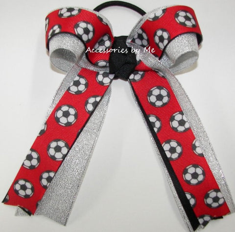 Soccer Red Black Silver Ponytail Holder Bow