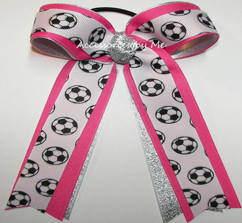 Soccer Hot Pink Silver Ponytail Holder Bow