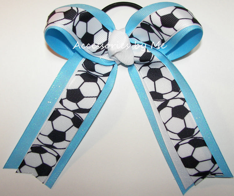Soccer Blue White Sparkly Ponytail Holder
