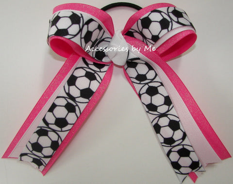 Soccer White Hot Pink Glitter Ponytail Bow