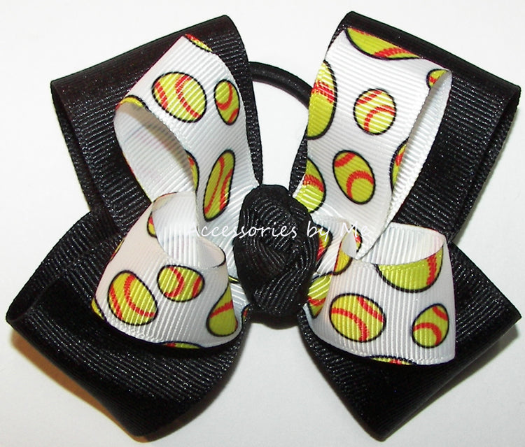 Softball Print Black Ribbon Hair Bow