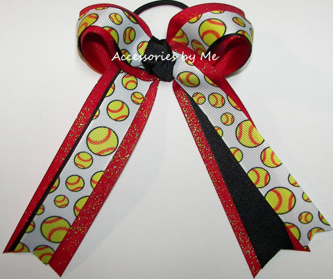 Softball Black Red Glitter Ponytail Bow