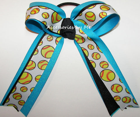 Softball Turquoise Blue Ponytail Bow