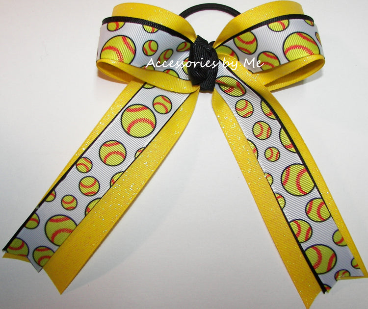 Softball Yellow Black Ponytail Bow