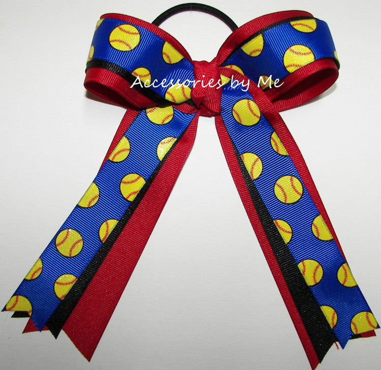 Softball Sparkly Blue Black Red Ponytail Holder Bow