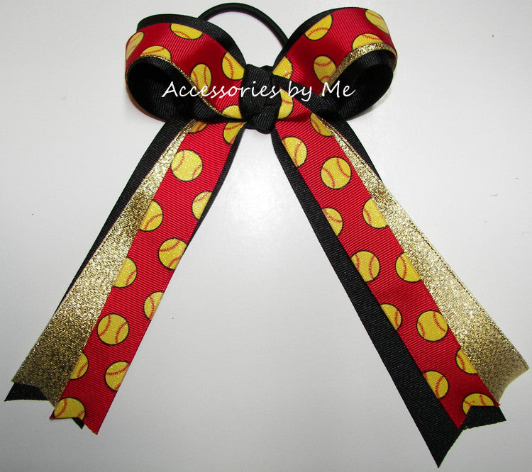 Softball Glitter Red Black Gold Metallic Ponytail Holder Bow
