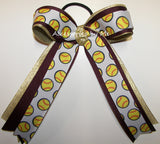 Softball Maroon Gold Metallic Ponytail Holder Bow