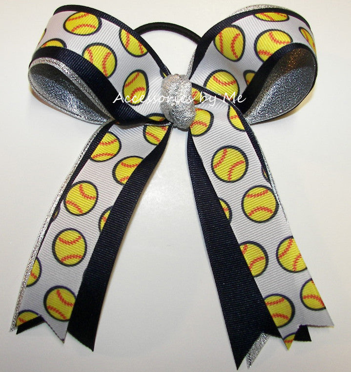 Softball Navy Blue Silver Ponytail Bow