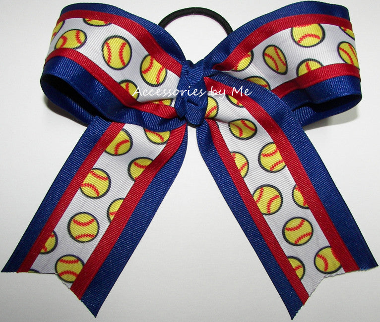 Softball Red Royal Blue Ponytail Holder Bow