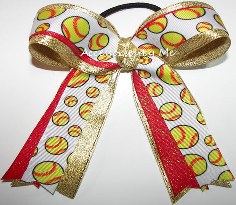 Softball Red Gold Glitter Ponytail Bow