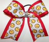 Softball Red Rhinestone Ponytail Bow