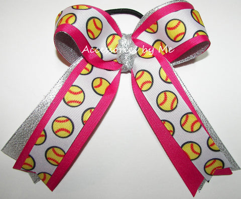 Sparkly Softball Shocking Pink Silver Ponytail Bow