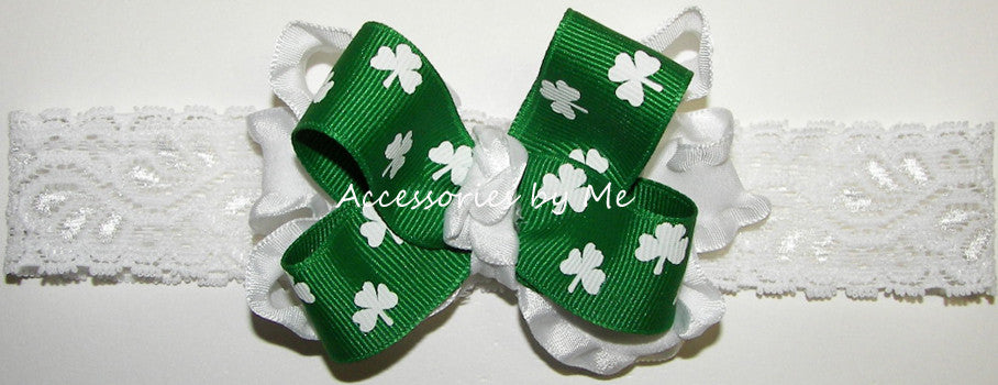 St. Patrick's Day Shamrock White Ruffle Bow Headband